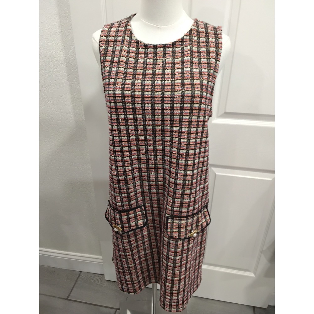 ZARA BASIC Womens Plaid Tweed Shift Dress Multi Color Metallic Gold Pockets L‎